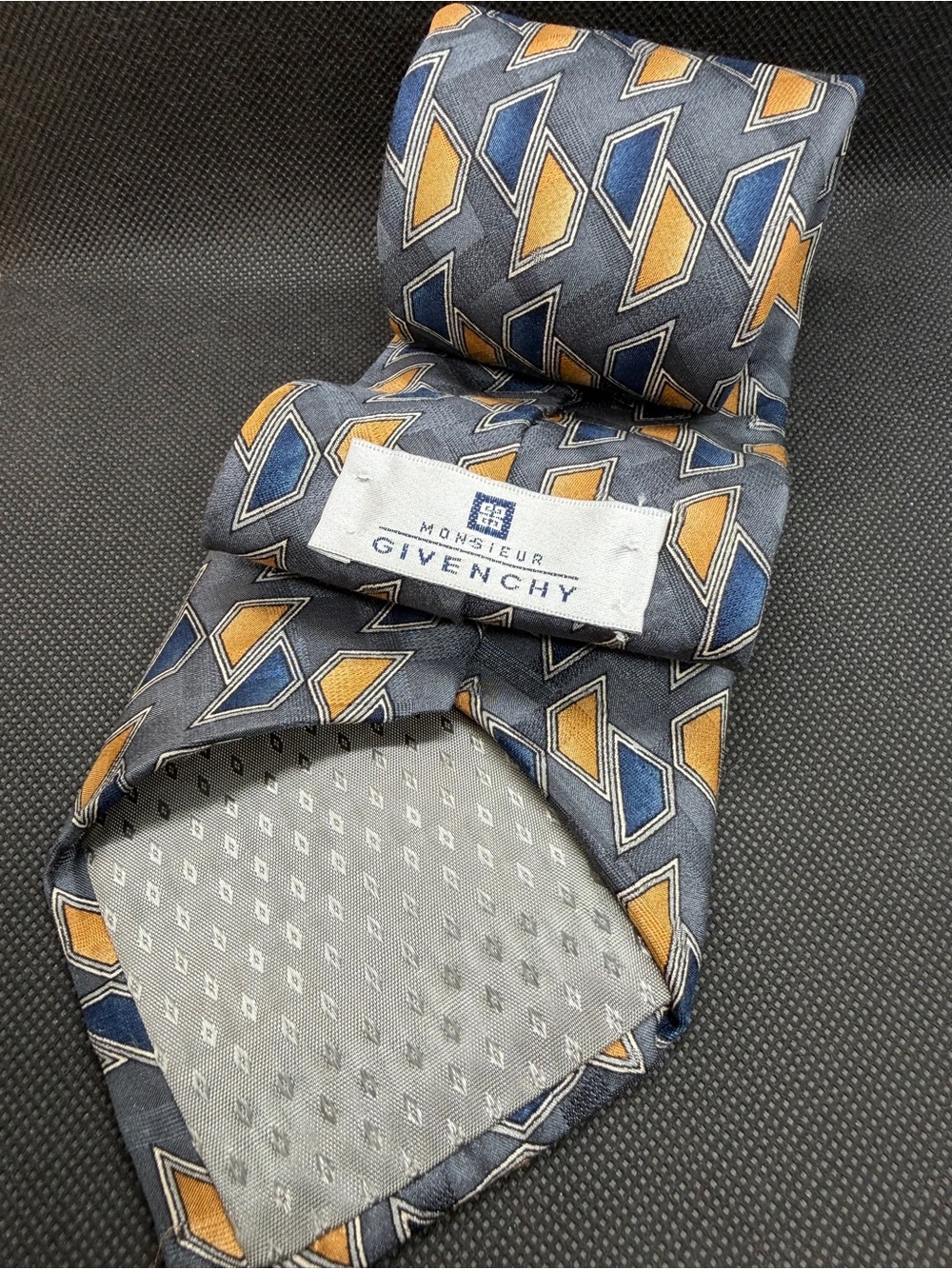 Vintage Monsieur Givenchy Silk Tie Geometric Blue Gold Made USA 57.5” x 4”